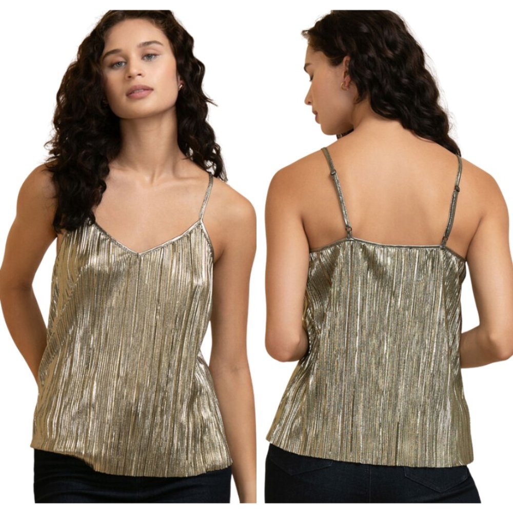 Gold Plisse Strappy V-Neck Tank Glittering Crepe Party Top SZ Medium NEW!